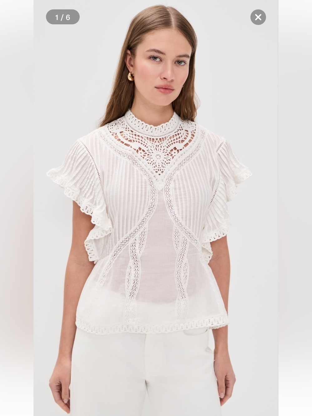 new Farm Rio Off-White Blouse With Appliqués voile and lace flutter sleeve